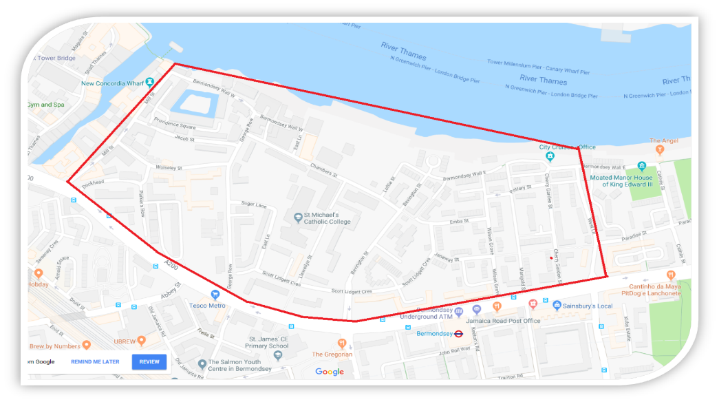 Map covering the area between Mill Lane on the right, Jamaica Road at the bottom, Mill Street to the left of map and the river Thames at the top