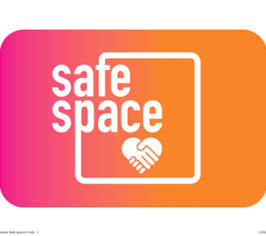 Graphic with a gradient pink to orange background featuring the words "safe space" and an icon of two hands shaking.