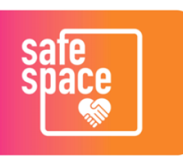 Safe space logo with the words safe space on a pink and orange background