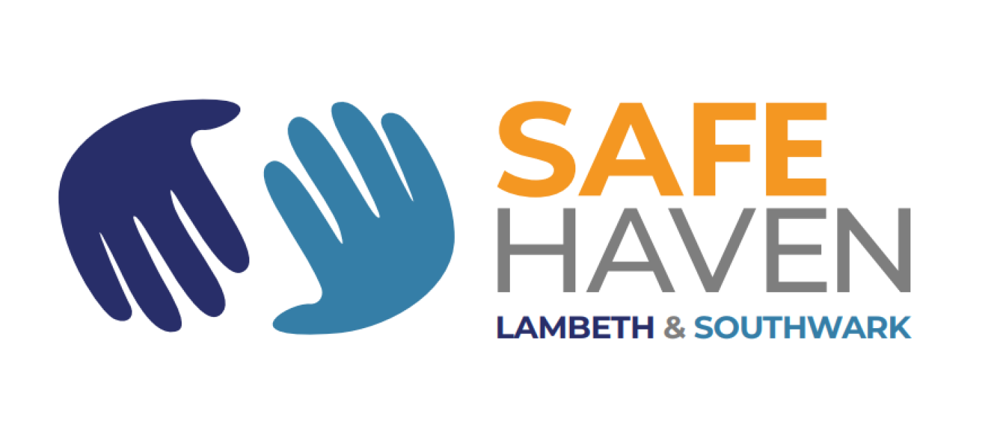 Logo with two overlapping hands, one blue and one navy, next to the text "Safe Haven" in orange and grey, and "Lambeth & Southwark" in blue and green.