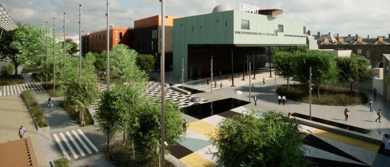 Computer generated view of Peckham Square with new landscaping and paving. Peckham library in the background.