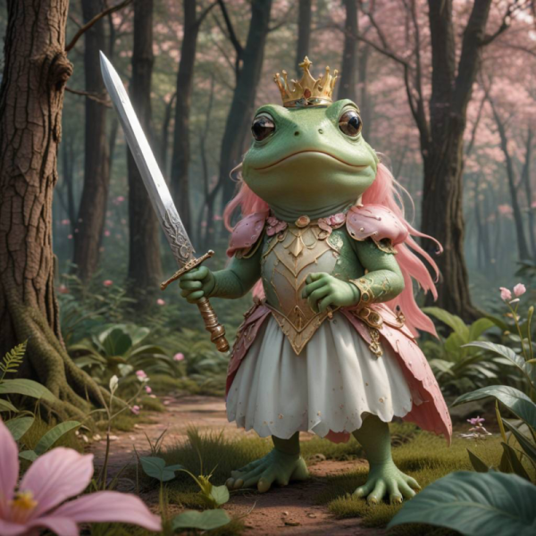 A princess frog holding a sword