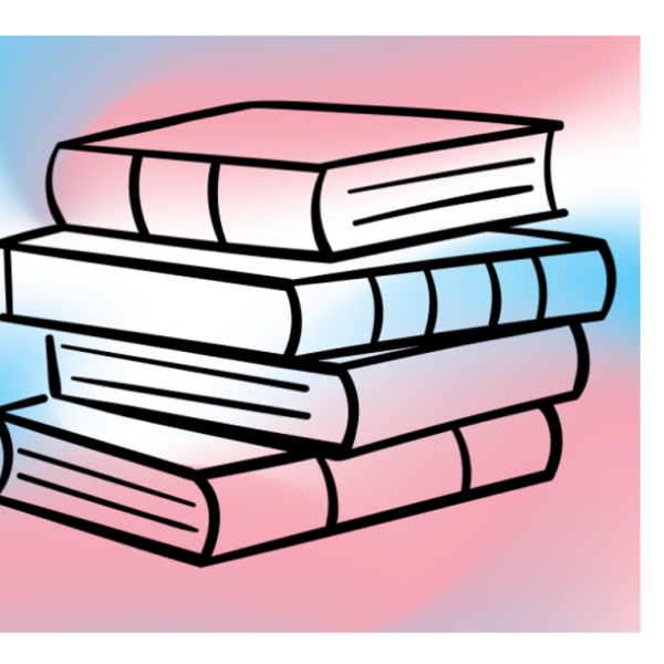 Books on a pink, blue and white